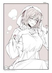 Rule 34 | 1girl, artist name, blush, border, brown background, brown hair, closed eyes, commentary request, cowboy shot, dress, drying, drying hair, dungeon meshi, falin touden, falin touden (chimera), feathers, frilled sleeves, frills, hand on own chest, highres, korean commentary, monochrome, muj0, parted lips, short hair, simple background, solo, sweatdrop, towel, towel on head, white border, white dress