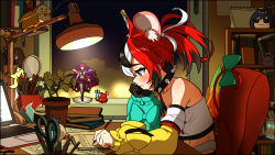 Rule 34 | animal ears, black hair, blue eyes, book, collar, computer, ddolbang, desk, from side, hair ornament, hakos baelz, highres, holding, hololive, hololive english, indoors, lamp, laptop, left-handed, lofi girl, lofi girl (youtube), long hair, mouse ears, mouse girl, mr. squeaks (hakos baelz), multicolored hair, multiple girls, nemu (ceres fauna), night, ouro kronii, plant, potted plant, red hair, sanallite (tsukumo sana), scissors, sitting, spiked collar, spikes, stationery, streaked hair, takodachi (ninomae ina&#039;nis), twintails, virtual youtuber, white hair, window