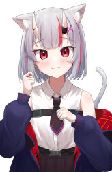 Rule 34 | 1girl, :3, absurdres, alternate hair length, alternate hairstyle, animal ear fluff, animal ears, black necktie, blush, cat ears, cat tail, commentary request, grey hair, twirling hair, highres, hololive, horns, jacket, kakinotane e, kemonomimi mode, long sleeves, looking at viewer, multicolored hair, nakiri ayame, nakiri ayame (streetwear), necktie, off shoulder, red eyes, red hair, shirt, short hair, short necktie, simple background, skin-covered horns, sleeveless, sleeveless shirt, smile, solo, streaked hair, tail, upper body, virtual youtuber, white background