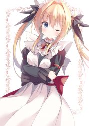 Rule 34 | 1girl, apron, bell, black ribbon, blonde hair, blue eyes, blush, closed mouth, dot mouth, framed, hair intakes, hair ribbon, highres, katori rea, long hair, long sleeves, looking at viewer, maid, maid apron, maid headdress, neck bell, neck ribbon, one eye closed, parfait chocolat second brew, ribbon, shoulder strap, sidelocks, solo, takepoison, twintails, white apron, white background
