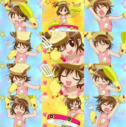 Rule 34 | 00s, 1girl, :d, :o, ;d, armpits, bread slice, brown eyes, brown hair, closed eyes, food, frying pan, highres, one eye closed, onegai my melody, open mouth, outstretched arms, sanrio, screencap, shirt, sleeveless, sleeveless shirt, smile, tank top, tears, toast, upper body, wince, yumeno koto