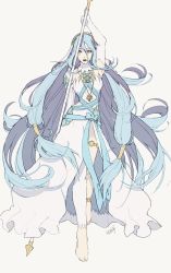 Rule 34 | 1girl, anklet, arm up, armpits, artist name, asymmetrical legwear, azura (fire emblem), bad anatomy, bad feet, barefoot, blue hair, commentary, detached sleeves, dress, elbow gloves, eyebrows, female focus, fingerless gloves, fire emblem, fire emblem fates, full body, gloves, hair between eyes, hairband, highres, holding, holding weapon, jewelry, jj (angelacademy), long hair, looking at viewer, necklace, nintendo, open mouth, pale color, polearm, poorly drawn, ribbon, shikisaii, signature, simple background, solo, spear, standing, toes, uneven legwear, unfinished, very long hair, weapon, white background, white gloves, yellow eyes