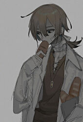 Rule 34 | 1boy, bad bcy id, bad id, bag, bandaged neck, bandages, bandaid, bandaid on cheek, bandaid on face, black eyes, bow, bread, brown hair, brown shirt, coat, coattails, collarbone, collared coat, cowboy shot, cross-laced clothes, cross-laced top, dark, eating, empty eyes, food, grey background, hair between eyes, hair bow, holding, holding bag, jewelry, kekekekeno, lab coat, long hair, long sleeves, low ponytail, male focus, open clothes, open coat, original, paper bag, pendant, shaded face, shirt, simple background, sleeves past wrists, solo, white bow, white coat