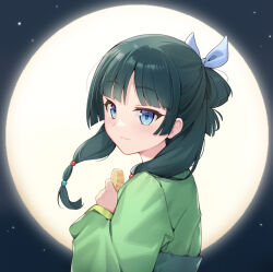 1girl :3 blue_eyes blunt_bangs blush chinese_clothes from_side full_moon hair_ornament hair_ribbon hand_up hanfu highres kusuriya_no_hitorigoto long_hair long_sleeves looking_at_viewer maomao_(kusuriya_no_hitorigoto) moon night ribbon smile solo taro_(ultrataro) upper_body white_ribbon