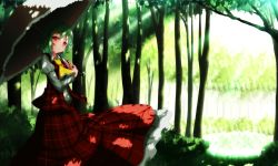 Rule 34 | 1girl, absurdres, ascot, bad id, bad pixiv id, forest, frilled skirt, frills, green hair, hana (0458251551), highres, kazami yuuka, looking at viewer, nature, parasol, plaid, plaid skirt, plaid vest, red eyes, shadow, shirt, short hair, skirt, smile, sunlight, touhou, umbrella, vest