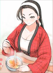 Rule 34 | 1girl, anagumasan, black hair, blush, breasts, brown eyes, commentary request, egg, food, headband, highres, kagura chizuru, long hair, looking at viewer, noodles, ramen, red sweater, shirt, sweater, table, the king of fighters, upper body, white headband, white shirt