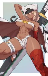 1girl abs absurdres armpit_crease armpits artist_name belt belt_bra blonde_hair breasts cape clover dark-skinned_female dark_skin four-leaf_clover guilty_gear guilty_gear_strive hair_between_eyes hat highres large_breasts looking_at_viewer medium_hair muscular muscular_female navel orange_eyes ramlethal_valentine red_bandage short_shorts shorts simple_background solo sword thigh_strap toned underboob weapon white_shorts yellow_eyes zzzeal