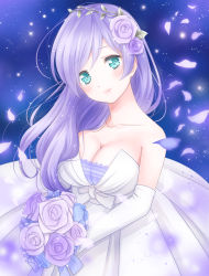 Rule 34 | 10s, 1girl, alternate hairstyle, aqua eyes, bare shoulders, blush, bouquet, breasts, cleavage, collarbone, dress, elbow gloves, flower, gloves, gradient background, hair down, hair flower, hair ornament, highres, large breasts, lips, long hair, love live!, love live! school idol festival, love live! school idol project, nanairo fuuka, petals, purple hair, rose, smile, solo, strapless, strapless dress, tiara, tojo nozomi, wedding dress