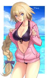 Rule 34 | 1girl, :d, bikini, bikini under clothes, black bikini, black bow, black ribbon, blonde hair, blue eyes, blue sky, blush, bow, braid, breasts, cleavage, cloud, collarbone, copyright name, cowboy shot, day, fate/apocrypha, fate/grand order, fate (series), front-tie bikini top, front-tie top, hair bow, hair ribbon, highres, jacket, jeanne d&#039;arc (fate), jeanne d&#039;arc (ruler) (fate), jeanne d&#039;arc (white cruising) (fate), long hair, long sleeves, looking at viewer, low-tied long hair, medium breasts, navel, ocean, open clothes, open jacket, open mouth, outdoors, outside border, partially unzipped, pink jacket, ribbon, ruler (fate/grand order), shiny skin, single braid, sky, sleeves past wrists, smile, solo, standing, stomach, swimsuit, tetsu (kimuchi), thighs, tsurime, very long hair, water, zipper