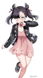 Rule 34 | 1girl, asymmetrical bangs, asymmetrical hair, black footwear, black hair, black jacket, black nails, blue eyes, blush, breasts, creatures (company), dress, game freak, hair ribbon, highres, holding, holding poke ball, jacket, kaetzchen, large breasts, long hair, long sleeves, looking at viewer, marnie (pokemon), nail polish, nintendo, open clothes, open jacket, pink dress, poke ball, poke ball (basic), pokemon, pokemon swsh, red ribbon, ribbon, simple background, solo, thighs, twintails, undercut, white background