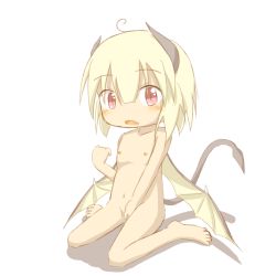 Rule 34 | barefoot, blonde hair, blush, fang, feet, flat chest, horns, looking at viewer, mini person, minigirl, nude, short hair, tail, wings