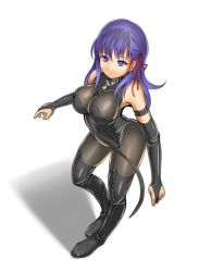 Rule 34 | 1girl, bad id, bad pixiv id, bodysuit, breasts, bridal gauntlets, dominatrix, elbow gloves, fate/stay night, fate (series), fingerless gloves, gloves, highres, large breasts, looking at viewer, matou sakura, purple eyes, purple hair, shoukin500, sleeveless, solo