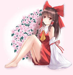 Rule 34 | 1girl, ascot, bad id, bad pixiv id, bare legs, bare shoulders, barefoot, bow, brown hair, detached sleeves, dress, flower, hair bow, hair tubes, hakurei reimu, highres, long sleeves, red dress, red eyes, sitting, sleeves past wrists, smile, solo, touhou, wendell, wide sleeves