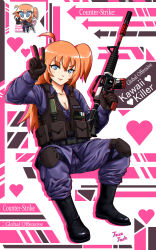 Rule 34 | 1girl, :3, ammunition pouch, antenna hair, assault rifle, bad deviantart id, bad id, black footwear, black gloves, blue eyes, boots, breasts, cleavage, closed mouth, counter-strike, counter-strike (series), counter-strike 2, full body, gloves, gun, highres, holding, holding gun, holding weapon, invisible chair, jazz jack, knife, long hair, long sleeves, m4 carbine, orange hair, original, pouch, rifle, side ponytail, sitting, small breasts, solo, sticker, suppressor, tactical clothes, v, vest, weapon