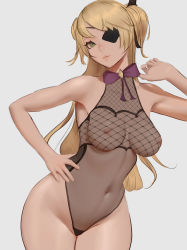 Rule 34 | bare hips, bodysuit, breasts, curvy, eyepatch, fischl (genshin impact), fishnet bodysuit, fishnets, genshin impact, green eyes, hair ribbon, hand on own hip, ignite (artist), leotard, medium breasts, navel, neck ribbon, parted lips, ribbon, see-through, skin tight, smile, solo, thick thighs, thighs, twintails