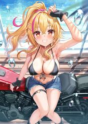 Rule 34 | 1girl, akabane (zebrasmise), arm up, armpits, bare arms, bare legs, bare shoulders, bikini, bikini top only, black bikini, black footwear, black gloves, blonde hair, blue shorts, boots, breasts, cleavage, collarbone, cutoffs, day, denim, denim shorts, fingerless gloves, front-tie bikini top, front-tie top, gloves, grin, hair ornament, hair scrunchie, hairclip, halterneck, heart, heart-shaped pupils, highleg, highleg bikini, highres, jewelry, large breasts, long hair, looking at viewer, motor vehicle, motorcycle, multicolored hair, nail polish, navel, necklace, open fly, outdoors, pinkpunkpro, ponytail, red eyes, scrunchie, short shorts, shorts, sitting, skindentation, smile, solo, sonohara airi, stomach, strap gap, streaked hair, string bikini, sunlight, sweat, swimsuit, symbol-shaped pupils, thigh strap, thighs, virtual youtuber, water, wet, x hair ornament