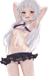 Rule 34 | 1girl, :d, armpits, arms behind head, blunt bangs, blush, flat chest, grey hair, highres, hololive, long hair, midriff, murasaki shion, murasaki shion (hololive summer 2019), navel, open mouth, otsu hai18, presenting armpit, simple background, skirt, smile, solo, swimsuit, virtual youtuber, white background, yellow eyes