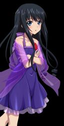 Rule 34 | 10s, 1girl, black hair, blue eyes, breasts, cleavage, collarbone, crossed arms, dress, flower, long hair, looking at viewer, minamiya natsuki, parted lips, purple dress, red flower, see-through, sleeveless, sleeveless dress, small breasts, solo, standing, strike the blood, transparent background