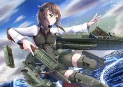Rule 34 | 1girl, bike shorts, bow (weapon), brown eyes, brown hair, crossbow, day, flat chest, hachiware (8ware63), headband, headgear, holding, holding crossbow, holding weapon, kantai collection, long sleeves, ocean, outdoors, rigging, smokestack, solo, taihou (kancolle), weapon