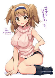 Rule 34 | 1girl, :d, alternate costume, bad id, bad pixiv id, blush, breasts, brown eyes, casual, dated, full body, hairband, i-26 (kancolle), kantai collection, large breasts, light brown hair, long hair, odawara hakone, one-hour drawing challenge, open mouth, pink sweater, short shorts, shorts, simple background, sitting, sleeveless, sleeveless sweater, smile, solo, sweater, translation request, twitter username, two-tone hairband, two side up, wariza, white background