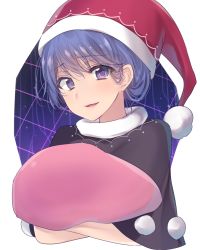 Rule 34 | 1girl, asa (coco), blue hair, blush, capelet, doremy sweet, hat, looking at viewer, nightcap, open mouth, pom pom (clothes), purple eyes, short hair, smile, solo, touhou, upper body