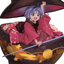 Rule 34 | 1girl, arm up, bad id, bad pixiv id, blush, bowl, bowl hat, hair intakes, hat, highres, holding, holding needle, in bowl, in container, japanese clothes, kimono, needle, open mouth, purple hair, red eyes, red kimono, short hair, simple background, solo, soya6479, sukuna shinmyoumaru, touhou, white background