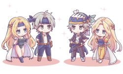 Rule 34 | 2boys, 2girls, amano yoshitaka design, armor, belt, black jacket, black pants, blonde hair, blue eyes, blue headband, blue jacket, blue pants, blue shirt, boots, breasts, bridal gauntlets, brown eyes, cape, celes chere, chibi, couple, earrings, final fantasy, final fantasy vi, full body, green leotard, grey hair, hair ornament, hand up, headband, jacket, jewelry, leotard, locke cole, long hair, long sleeves, medium breasts, multicolored clothes, multicolored headwear, multiple boys, multiple girls, necklace, official alternate costume, pan ff6, pants, parted bangs, puffy sleeves, shirt, short hair, short sleeves, shoulder armor, smile, sparkle, waist cape, wavy hair, white background, white cape, white shirt, yellow pants