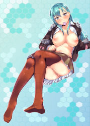 Rule 34 | 10s, 1girl, aqua eyes, aqua hair, bad id, bad pixiv id, blush, breasts, brown thighhighs, condom, condom in mouth, eon (bottomline), hair ornament, hairclip, jacket, kantai collection, large breasts, long hair, looking at viewer, mouth hold, nipples, open clothes, school uniform, skirt, smile, solo, suzuya (kancolle), thighhighs, tomohiro kai