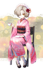 Rule 34 | 1girl, absurdres, azur lane, black footwear, bow, braid, brown hair, chair, closed mouth, commentary request, cup, floral print, flower, full body, hair flower, hair ornament, hair over one eye, highres, holding, holding cup, japanese clothes, kimono, kiyosato 0928, long sleeves, looking at viewer, maid headdress, mary janes, obi, on chair, orange eyes, pink kimono, print kimono, red bow, red flower, sash, saucer, sheffield (azur lane), shoes, sitting, socks, solo, striped clothes, striped socks, tea, vertical-striped clothes, vertical-striped socks, white socks, wide sleeves