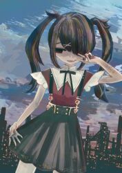 Rule 34 | 1girl, absurdres, ame-chan (needy girl overdose), black eyes, black hair, black ribbon, black skirt, blue sky, cloud, cloudy sky, collar, collared shirt, commentary request, hair ornament, hair over one eye, hair tie, hand up, highres, ichigomilk (milkypoyopoyo), long hair, neck ribbon, needy girl overdose, open mouth, outdoors, red shirt, ribbon, self-harm, shirt, shirt tucked in, skirt, sky, smile, solo, standing, suspender skirt, suspenders, twintails, v over eye, white collar, wrist cutting, x hair ornament