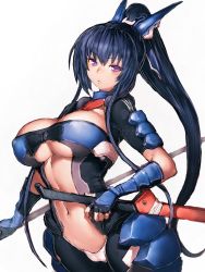 Rule 34 | 1girl, armor, bikini armor, black hair, breasts, cleavage, cleavage cutout, clothing cutout, fumio (rsqkr), honda futayo, kyoukaisenjou no horizon, large breasts, long hair, looking at viewer, navel, navel cutout, ponytail, purple eyes, simple background, solo, underboob, underboob cutout, underwear, very long hair, white background