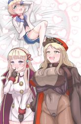 Rule 34 | 1boy, 2girls, age difference, blonde hair, blush, bodysuit, breasts, crossed arms, drooling, female pervert, green eyes, hat, heart, heart-shaped pupils, highres, huge breasts, indomitable marie, kepi, large breasts, last origin, leona of blood &amp; iron, long hair, mari (last origin), military hat, mouth drool, multiple girls, open mouth, oswald (fhtk7841), pervert, purple eyes, short shorts, shorts, smile, symbol-shaped pupils, thighhighs, white legwear