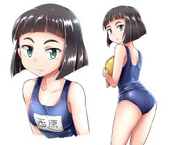 Rule 34 | 1girl, ass, black hair, blue one-piece swimsuit, blunt bangs, blunt ends, bob cut, closed mouth, cropped torso, from behind, frown, green eyes, holding, kitayama miuki, leaning forward, looking at viewer, multiple views, name tag, nishihara yasoko, one-piece swimsuit, school swimsuit, short hair, standing, stuffed animal, stuffed duck, stuffed toy, swimsuit, thighs