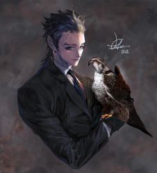 Rule 34 | 1boy, asymmetrical gloves, bird, black gloves, black jacket, blue eyes, blue necktie, brown gloves, closed mouth, collared shirt, dated, earrings, falconry, gloves, grey background, hawk, highres, jacket, jewelry, long sleeves, looking at viewer, male focus, mismatched gloves, mole, mole under eye, necktie, original, pigeon666, shirt, signature, smile, solo, upper body, white shirt, wing collar