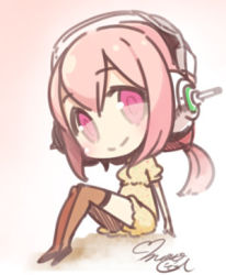 Rule 34 | 1girl, blush, breasts, chibi, headphones, long hair, looking at viewer, lowres, minoa (lastswallow), nitroplus, pink eyes, pink hair, small breasts, smile, solo, super sonico, thighhighs