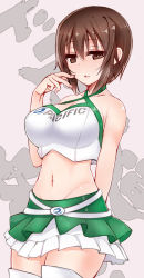 Rule 34 | 10s, 1girl, akitsuchi shien, arm behind back, bad id, bad pixiv id, bare shoulders, blush, breasts, brown eyes, brown hair, cleavage, collarbone, girls und panzer, groin, hair between eyes, highres, large breasts, looking at viewer, midriff, nishizumi maho, open mouth, pleated skirt, race queen, short hair, skirt, solo, thighhighs, white skirt, zettai ryouiki