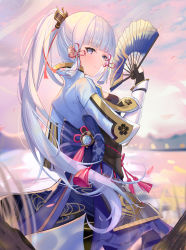 Rule 34 | absurdres, armor, armored dress, ayaka (genshin impact), blue eyes, blue hair, blunt bangs, blurry, blurry background, breasts, cherry blossom print, closed mouth, cowboy shot, fingerless gloves, floral print, folding fan, from side, gauntlets, genshin impact, gloves, hair ornament, hair ribbon, hand fan, highres, holding, holding fan, japanese armor, japanese clothes, kusazuri, light blue hair, light blush, long hair, looking at viewer, looking to the side, mole, mole under eye, ponytail, red ribbon, ribbon, smile, solo, tassel, zhongwu chahui