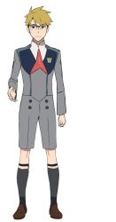 Rule 34 | 10s, 1boy, blonde hair, darling in the franxx, full body, glasses, gorou (darling in the franxx), legwear garter, looking at viewer, male focus, official art, outstretched hand, purple-framed eyewear, school uniform, short hair, shorts, simple background, socks, solo, standing, transparent background