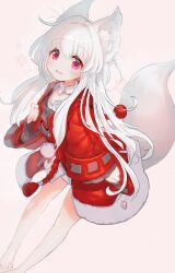 Rule 34 | 1girl, animal ears, bare legs, blush, clara (honkai: star rail), grey background, highres, honkai: star rail, honkai (series), jacket, long hair, looking at viewer, open mouth, red eyes, red jacket, sidelocks, simple background, smile, solo, tail, toro astro, white hair, wolf ears, wolf girl, wolf tail