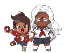 Rule 34 | 2girls, asahina aoi, bad id, bad twitter id, bandaged leg, bandages, blue eyes, breasts, brown hair, collarbone, commentary, danganronpa: trigger happy havoc, danganronpa (series), dark-skinned female, dark skin, doughnut, food, frown, hair ornament, hairclip, holding, holding another&#039;s arm, holding food, jacket, long hair, looking at viewer, moosopp, multiple girls, ogami sakura, open clothes, open jacket, open mouth, red jacket, sailor collar, scar, scar on face, school uniform, shirt, short hair, shorts, simple background, skirt, small breasts, standing, standing on one leg, symbol-only commentary, white background, white hair, white shirt