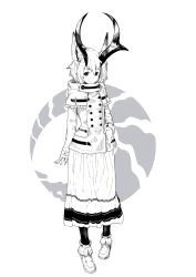 Rule 34 | 1girl, animal ears, antlers, capelet, coat, commentary, greyscale, hand in pocket, highres, horns, jaco, long skirt, looking at viewer, monochrome, original, shoes, short hair, simple background, skirt, smile, solo, winter clothes, winter coat