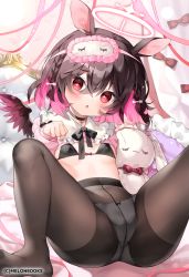Rule 34 | 1girl, animal ears, black bow, black bra, black hair, black pantyhose, black wings, blush, bow, bow bra, bow panties, bowtie, bra, braid, chihiro (khorosho), clothes lift, commentary request, covered navel, feathered wings, frilled pillow, frills, hair between eyes, halo, hand up, long sleeves, lying, mask, mask on head, multicolored hair, navel, on back, original, panties, panties under pantyhose, pantyhose, paw pose, pillow, pink hair, pink shirt, puffy long sleeves, puffy sleeves, red bow, red bowtie, red eyes, red wings, shirt, shirt lift, sleep mask, sleeves past wrists, solo, spread legs, stuffed animal, stuffed rabbit, stuffed toy, two-tone hair, underwear, white panties, wings