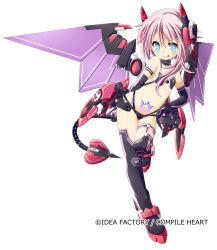 Rule 34 | 10s, 1girl, blue eyes, dark persona, elbow gloves, female focus, gloves, headgear, heart, long hair, looking at viewer, mechanical wings, nepnep connect: chaos chanpuru, neptune (series), pink hair, power symbol, pubic tattoo, ram (neptunia), revealing clothes, simple background, smile, solo, symbol-shaped pupils, tattoo, thighhighs, tongue, tongue out, white sister ram, white sister ram (chaos form), wings