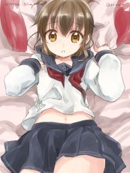 Rule 34 | 10s, 1girl, blush, brown eyes, brown hair, half updo, inazuma (kancolle), kantai collection, koruri, looking at viewer, lying, midriff, navel, open mouth, pillow, sleeves past wrists, solo