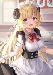 Rule 34 | 1girl, :d, absurdres, ahoge, alternate costume, apron, blonde hair, blurry, blurry background, blush, bow, bowtie, breasts, collared shirt, commentary, curled horns, dress, enmaided, fuyoyo, hair ornament, hairclip, highres, hololive, horns, indoors, large breasts, long hair, looking at viewer, maid, maid headdress, open mouth, purple eyes, red bow, red bowtie, revision, sheep girl, sheep horns, shirt, short sleeves, sidelocks, skirt hold, smile, solo, taut clothes, tsunomaki watame, underbust, virtual youtuber, white wrist cuffs, wing collar, wrist cuffs