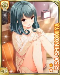 Rule 34 | 1girl, :d, bottomless, brown eyes, card (medium), character name, couch, day, girlfriend (kari), green hair, indoors, jewelry, official art, open mouth, pink sweater, qp:flapper, shinomiya risa, sitting, smile, sweater, tagme
