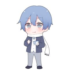 Rule 34 | 1boy, :t, blazer, blue eyes, blue hair, blue necktie, blush, chibi, eating, food, full body, grey pants, holding, holding food, ice cream, ice cream spoon, jacket, kaito (vocaloid), long sleeves, lowres, male focus, mimengfeixue, necktie, pants, scarf, school uniform, shirt, shoes, solo, spoon, standing, vocaloid, white scarf, white shirt