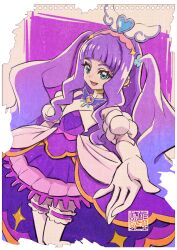 Rule 34 | 1girl, aqua eyes, artist logo, commentary request, cure majesty, dress, elbow gloves, ellee-chan, eyelashes, gloves, graph paper, hair ornament, hairband, happy, hirogaru sky! precure, kamikita futago, long hair, looking at viewer, magical girl, paper background, precure, purple dress, purple hair, signature, simple background, smile, solo, standing, thighhighs, thighs, upper body, watercolor background, white gloves, white thighhighs