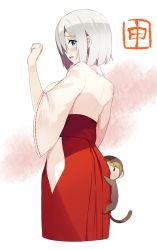 Rule 34 | 10s, 1girl, alternate costume, animal, back, blue eyes, blush, breasts, female focus, hair ornament, hair over one eye, hairclip, hamakaze (kancolle), japanese clothes, kantai collection, kimono, large breasts, long skirt, looking at viewer, looking back, miko, monkey, monkey tail, red skirt, short hair, silver hair, skirt, solo, sukebewe, tail, wide sleeves, yukata