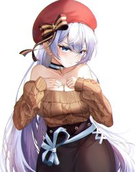 Rule 34 | 1girl, absurdres, aran sweater, azur lane, belfast (azur lane), belfast (shopping with the head maid) (azur lane), beret, black pantyhose, black skirt, blue eyes, breasts, brown sweater, cable knit, chanpower233, chromatic aberration, cleavage, hat, highres, large breasts, light purple hair, long hair, off-shoulder sweater, off shoulder, official alternate costume, pantyhose, red hat, simple background, skirt, solo, sweater, two-tone ribbon, very long hair, white background
